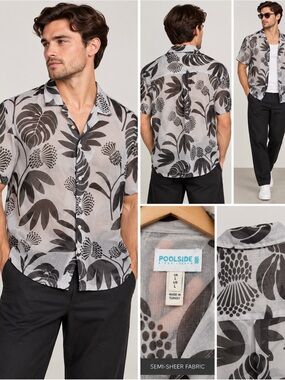 River Island Black White Botanical Print Short Sleeve Shirt Sz L